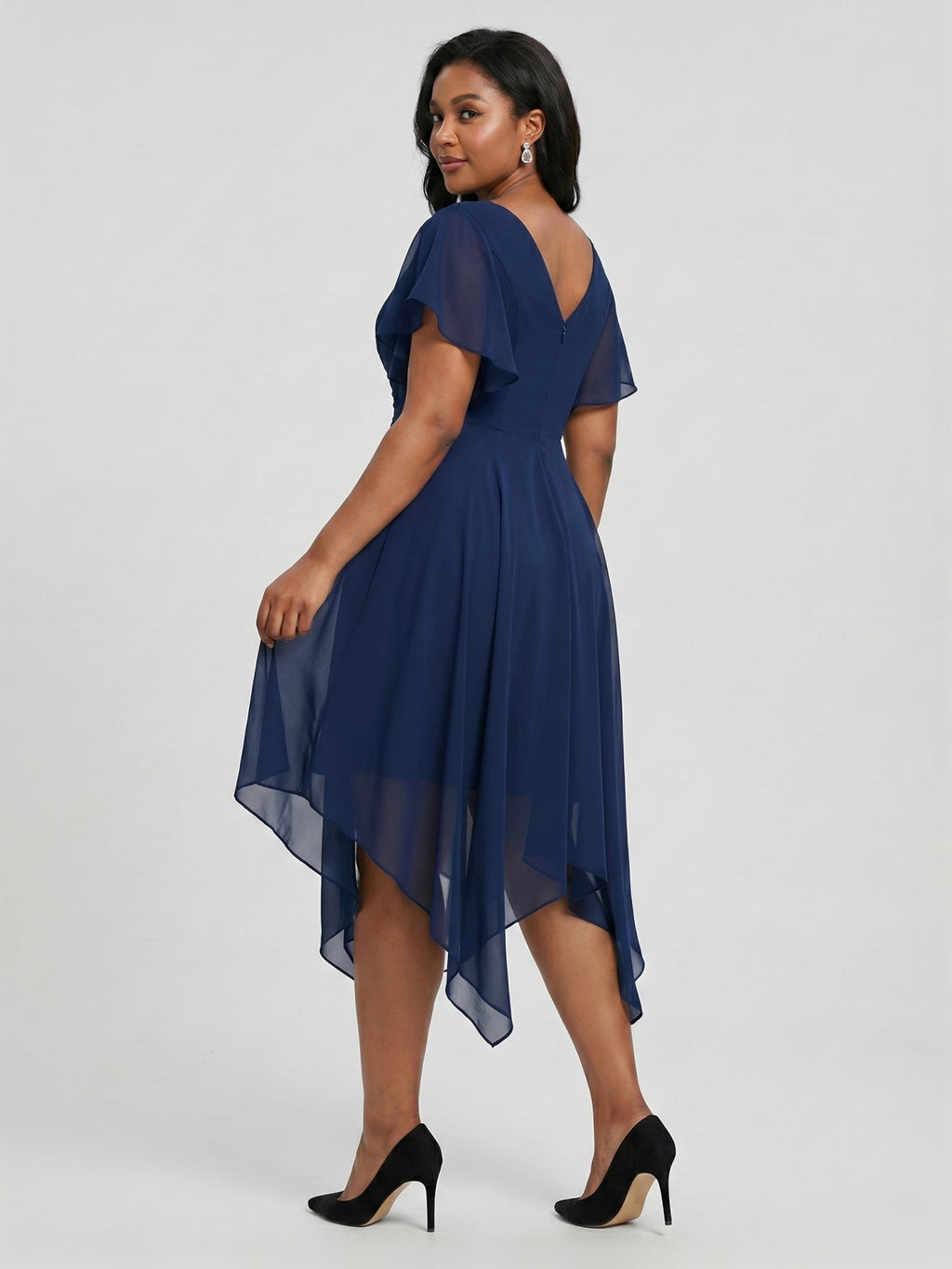 Coquette Navy Blue Chiffon A-Line V-Neck V-Back with nan Asymmetrical Bridesmaid Dress - Curvevia