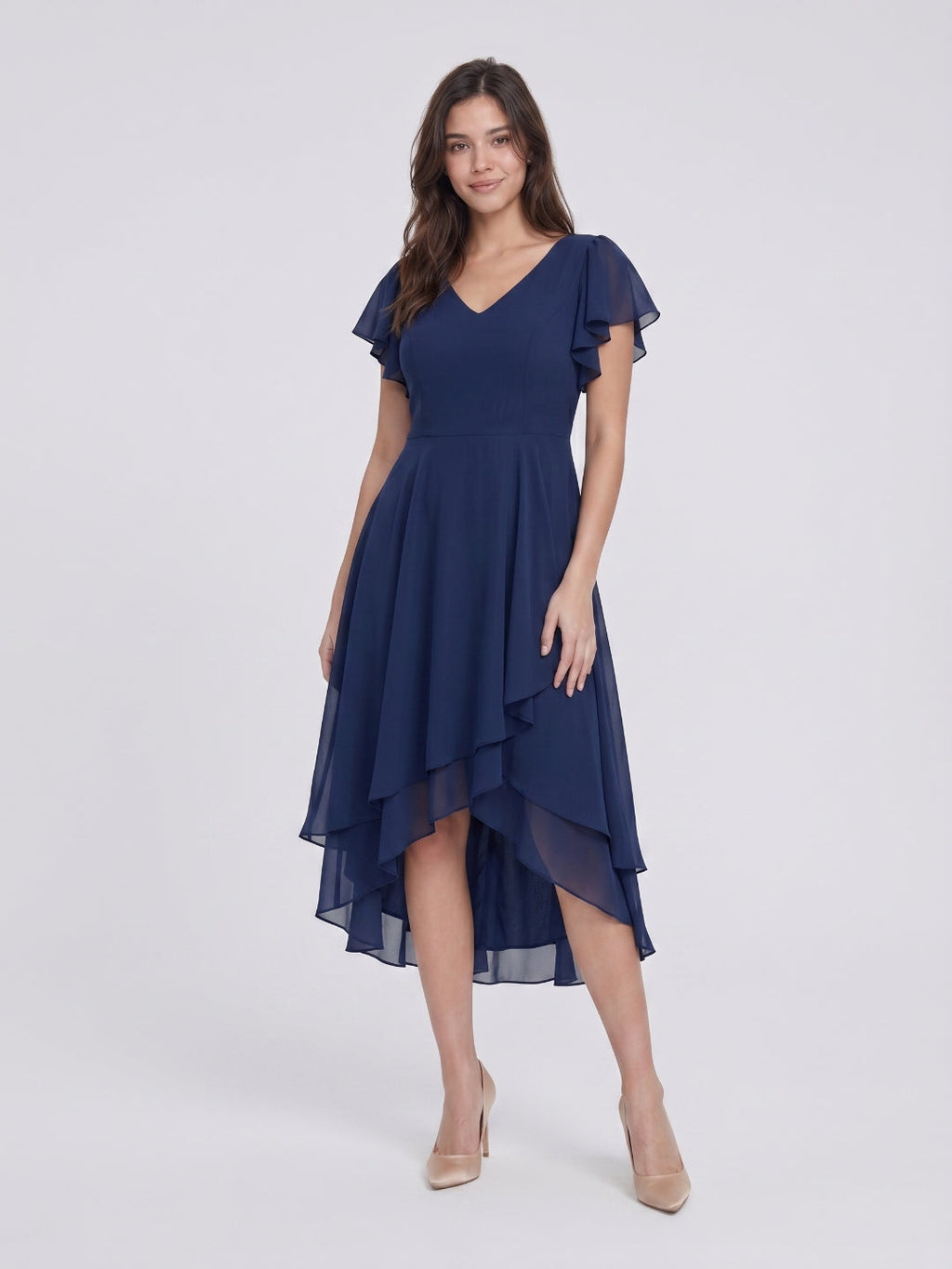 Coquette Navy Blue Chiffon A-Line V-Neck V-Back with nan Asymmetrical Bridesmaid Dress - Curvevia