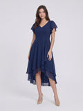 Coquette Navy Blue Chiffon A-Line V-Neck V-Back with nan Asymmetrical Bridesmaid Dress - Curvevia