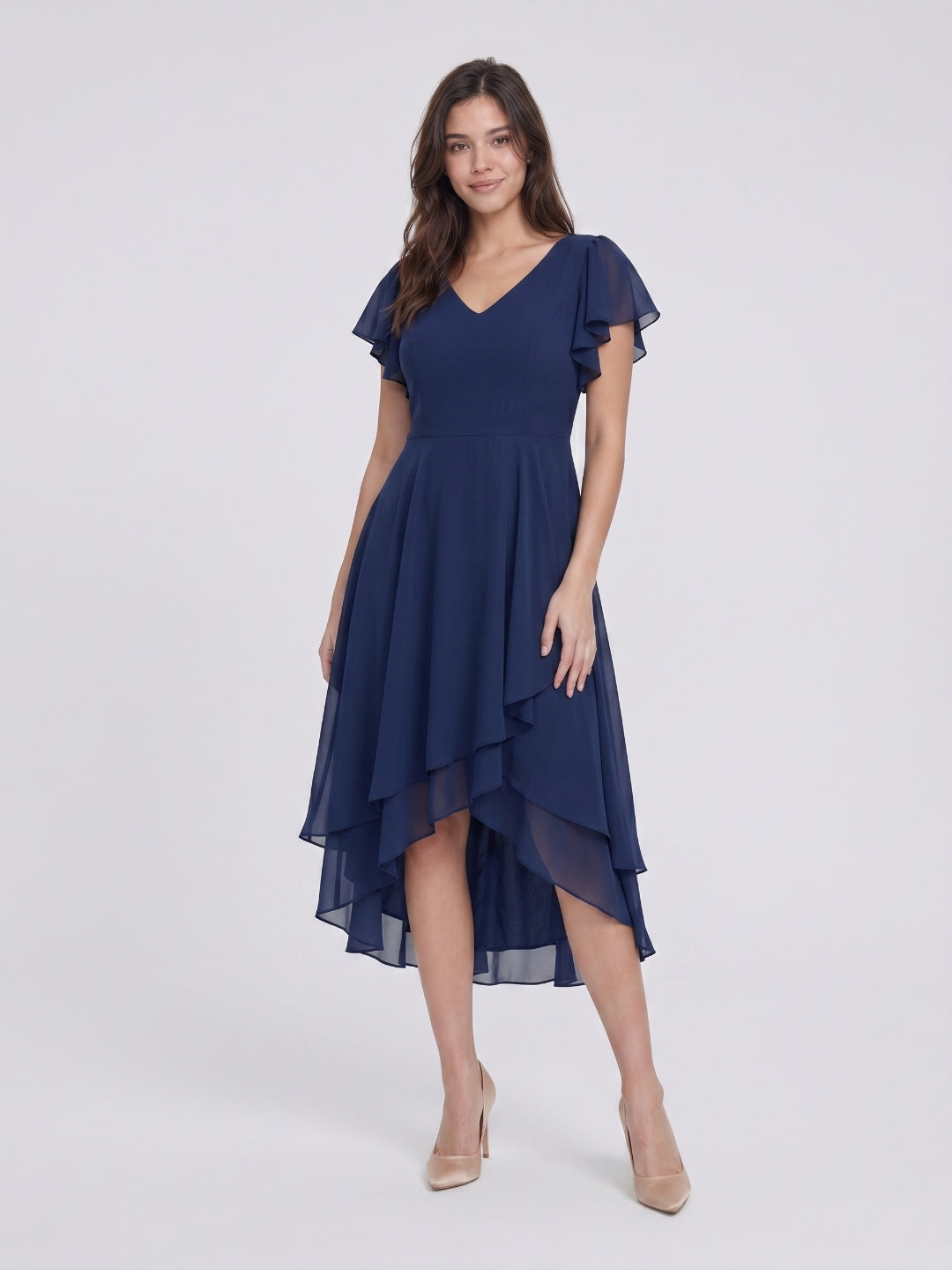 Coquette Navy Blue Chiffon A-Line V-Neck V-Back with nan Asymmetrical Bridesmaid Dress - Curvevia