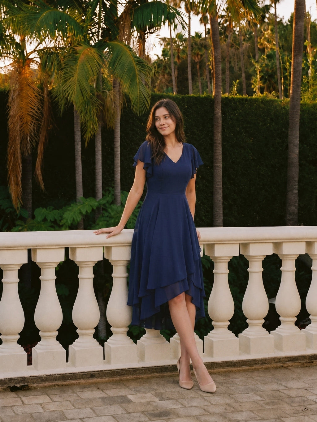 Coquette Navy Blue Chiffon A-Line V-Neck V-Back with nan Asymmetrical Bridesmaid Dress - Curvevia