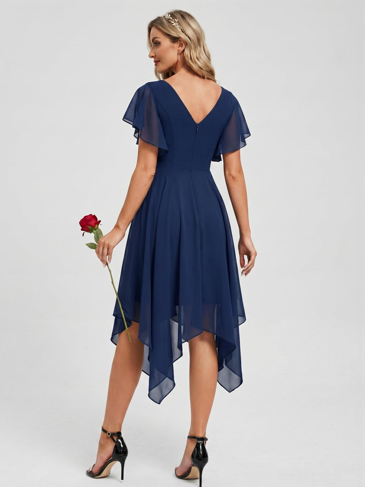 Coquette Navy Blue Chiffon A-Line V-Neck V-Back with nan Asymmetrical Bridesmaid Dress - Curvevia