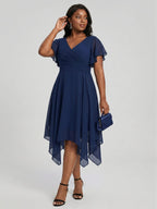 Coquette Navy Blue Chiffon A-Line V-Neck V-Back with nan Asymmetrical Bridesmaid Dress - Curvevia