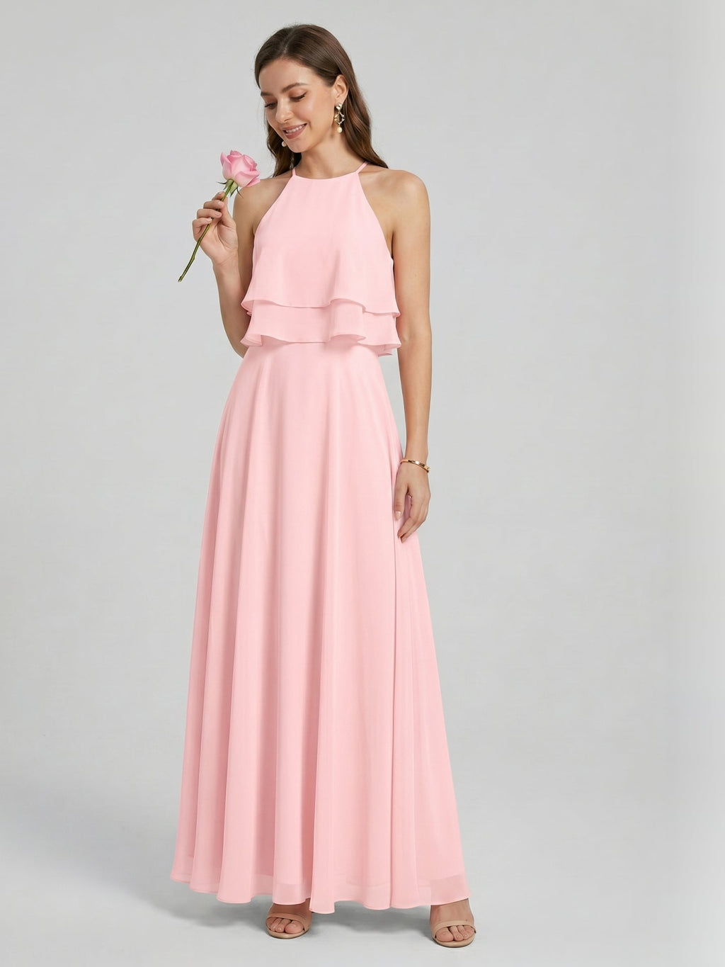 Coquette Petal Chiffon A-Line Halter neckline Back Zip with Ruffle Ankle-Length Bridesmaid Dress - Curvevia