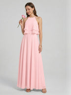Coquette Petal Chiffon A-Line Halter neckline Back Zip with Ruffle Ankle-Length Bridesmaid Dress - Curvevia