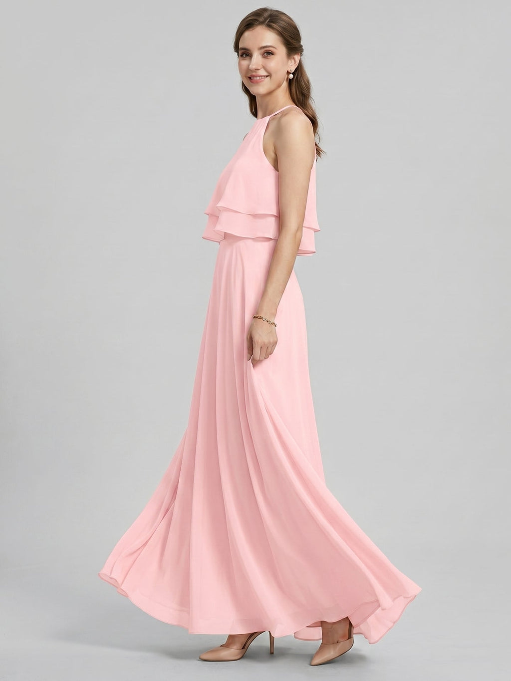Coquette Petal Chiffon A-Line Halter neckline Back Zip with Ruffle Ankle-Length Bridesmaid Dress - Curvevia