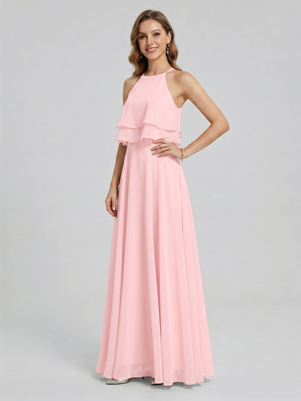 Coquette Petal Chiffon A-Line Halter neckline Back Zip with Ruffle Ankle-Length Bridesmaid Dress - Curvevia