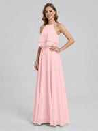 Coquette Petal Chiffon A-Line Halter neckline Back Zip with Ruffle Ankle-Length Bridesmaid Dress - Curvevia