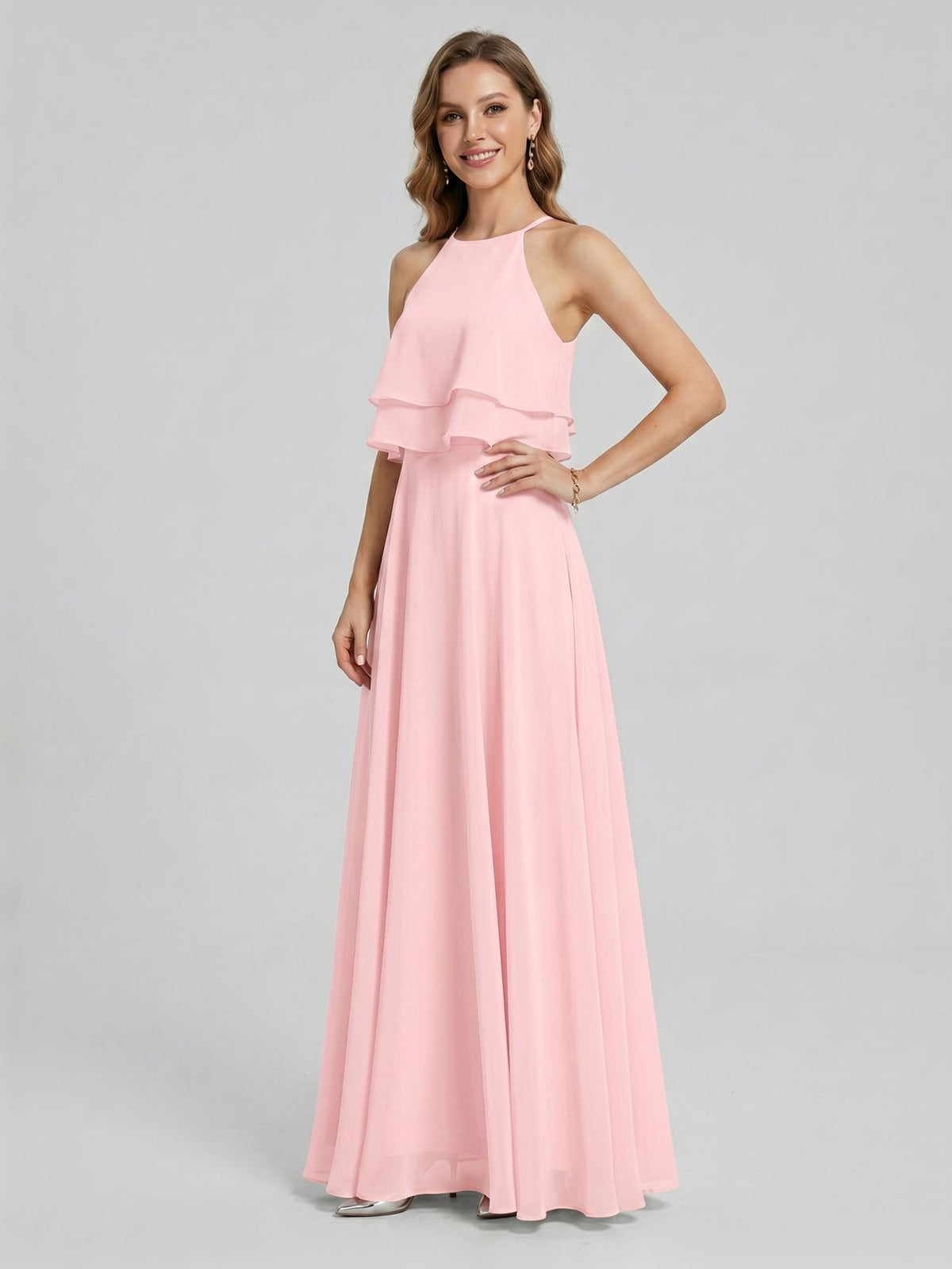 Coquette Petal Chiffon A-Line Halter neckline Back Zip with Ruffle Ankle-Length Bridesmaid Dress - Curvevia