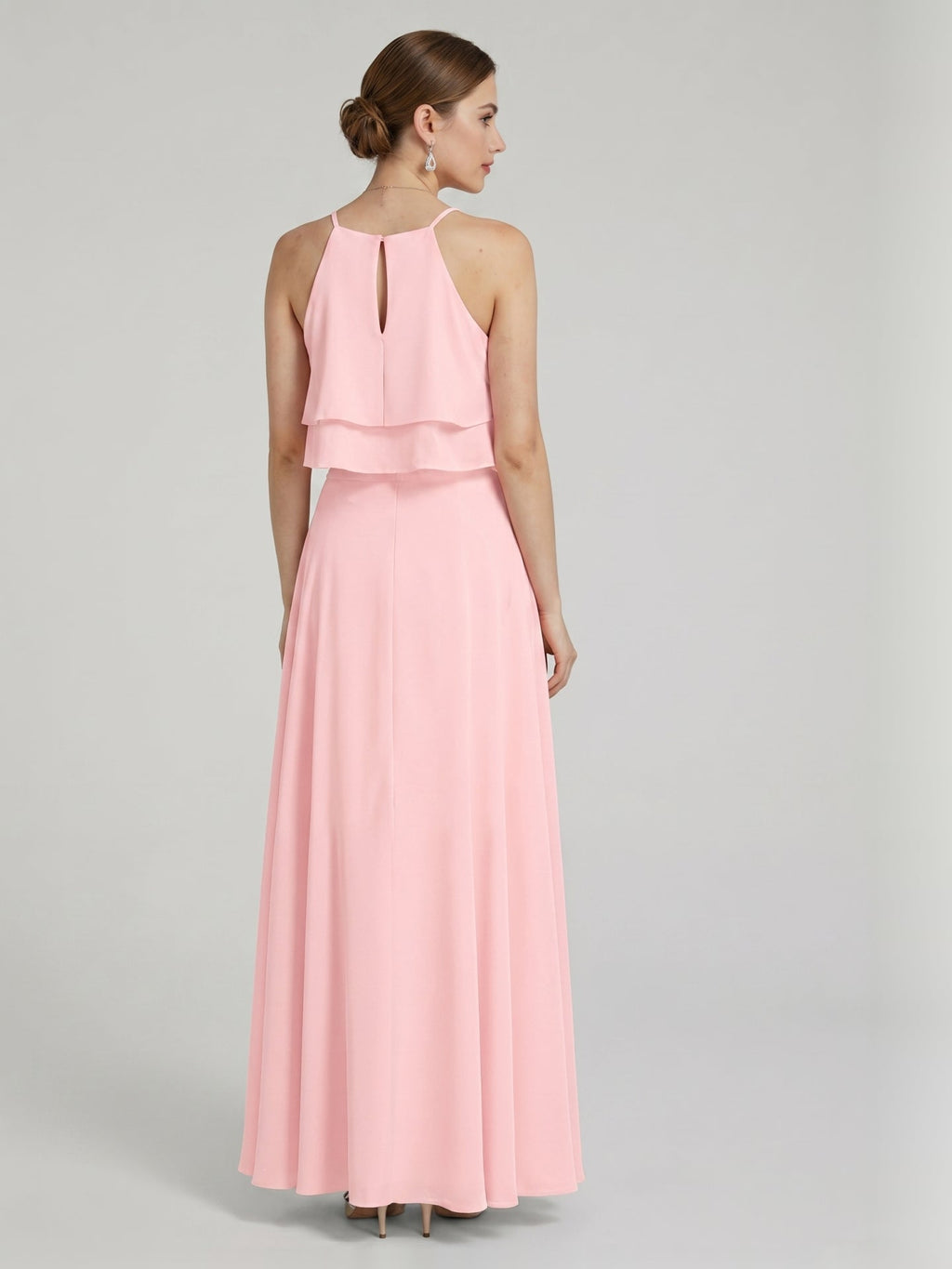 Coquette Petal Chiffon A-Line Halter neckline Back Zip with Ruffle Ankle-Length Bridesmaid Dress - Curvevia
