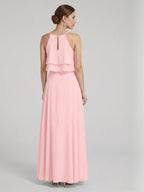 Coquette Petal Chiffon A-Line Halter neckline Back Zip with Ruffle Ankle-Length Bridesmaid Dress - Curvevia