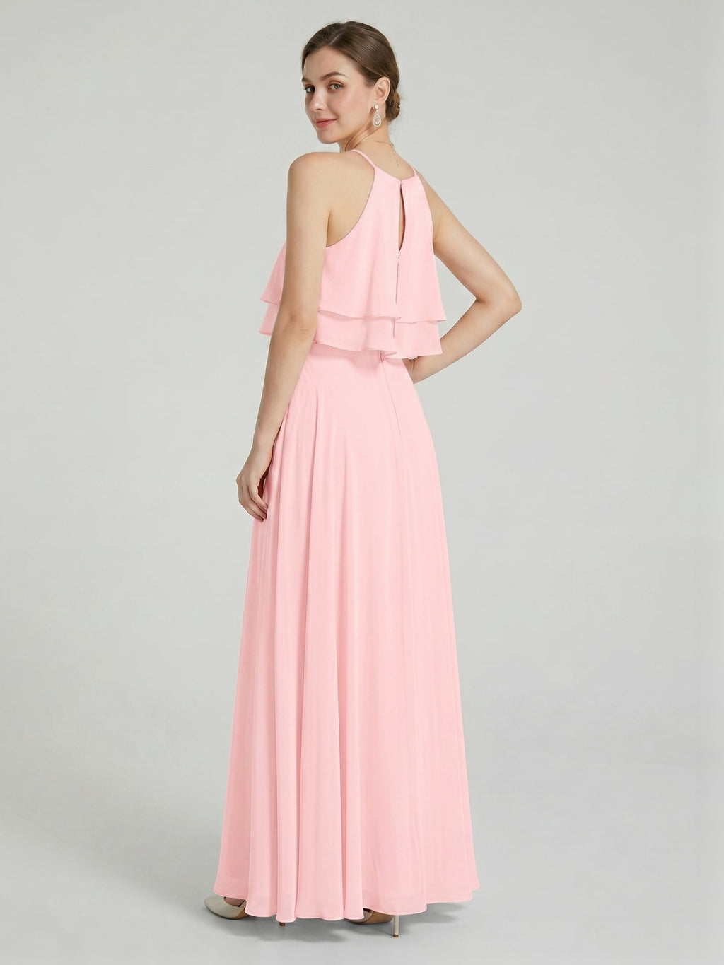 Coquette Petal Chiffon A-Line Halter neckline Back Zip with Ruffle Ankle-Length Bridesmaid Dress - Curvevia