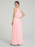Coquette Petal Chiffon A-Line Halter neckline Back Zip with Ruffle Ankle-Length Bridesmaid Dress - Curvevia