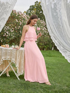 Coquette Petal Chiffon A-Line Halter neckline Back Zip with Ruffle Ankle-Length Bridesmaid Dress - Curvevia