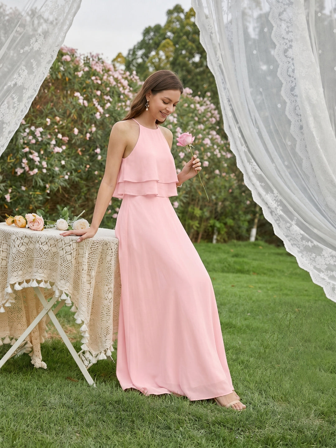 Coquette Petal Chiffon A-Line Halter neckline Back Zip with Ruffle Ankle-Length Bridesmaid Dress - Curvevia