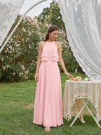 Coquette Petal Chiffon A-Line Halter neckline Back Zip with Ruffle Ankle-Length Bridesmaid Dress - Curvevia