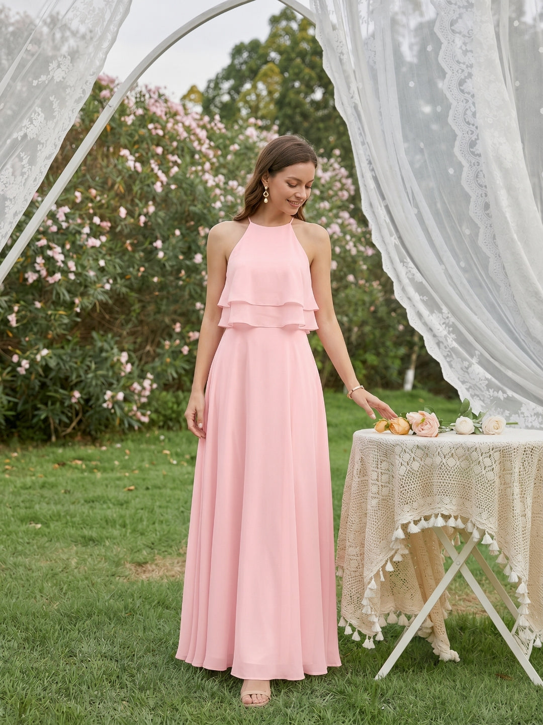 Coquette Petal Chiffon A-Line Halter neckline Back Zip with Ruffle Ankle-Length Bridesmaid Dress - Curvevia