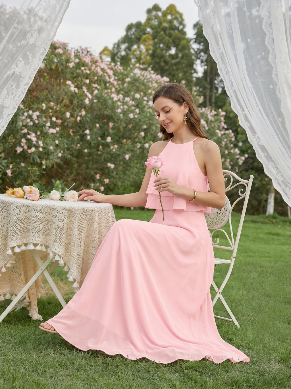 Coquette Petal Chiffon A-Line Halter neckline Back Zip with Ruffle Ankle-Length Bridesmaid Dress - Curvevia