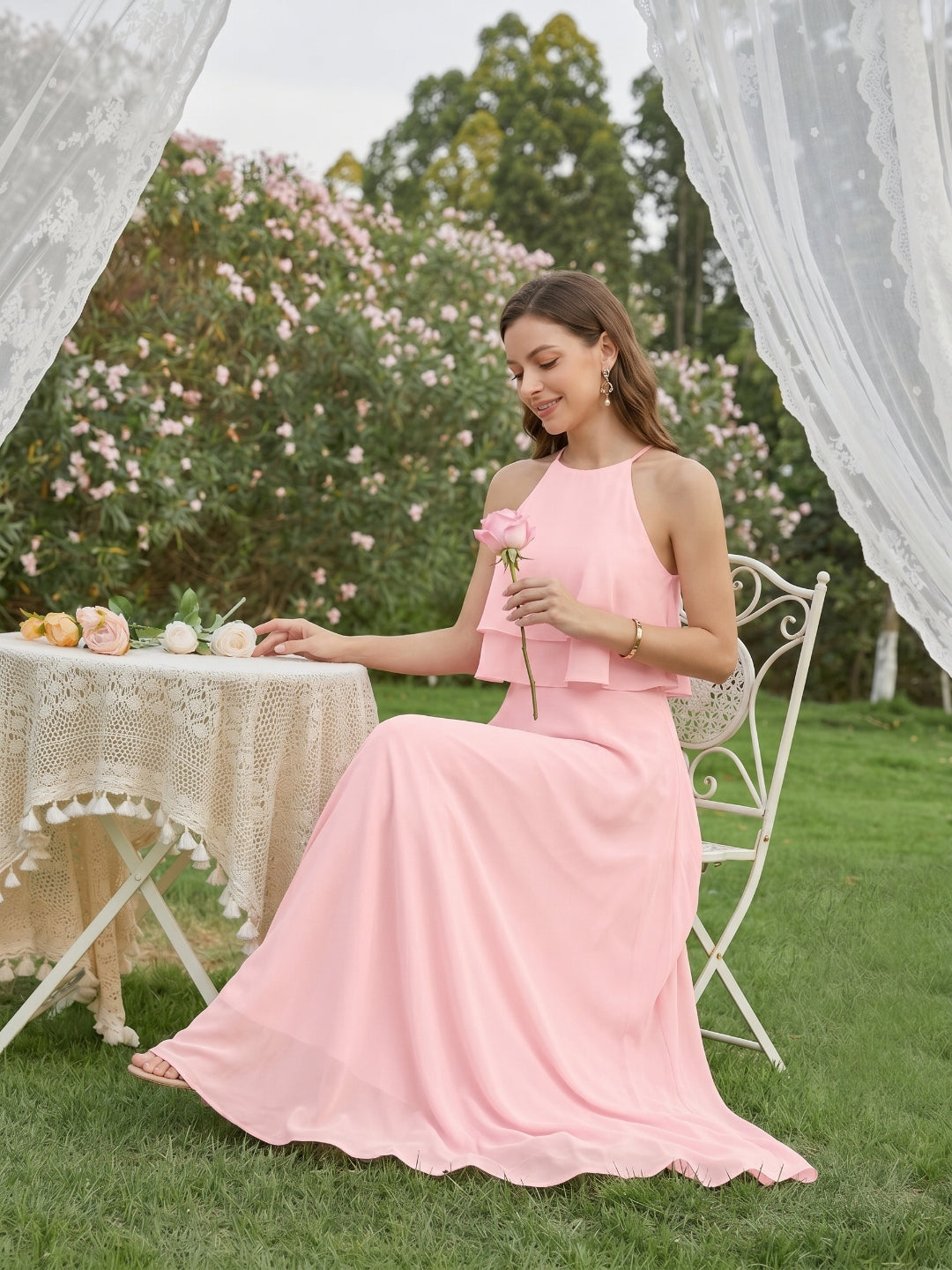 Coquette Petal Chiffon A-Line Halter neckline Back Zip with Ruffle Ankle-Length Bridesmaid Dress - Curvevia