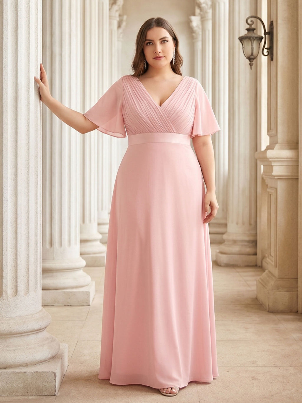 Coquette Petal Chiffon A-Line V-Neck V-Back Ankle-Length Plus Size Bridesmaid Dress - Curvevia