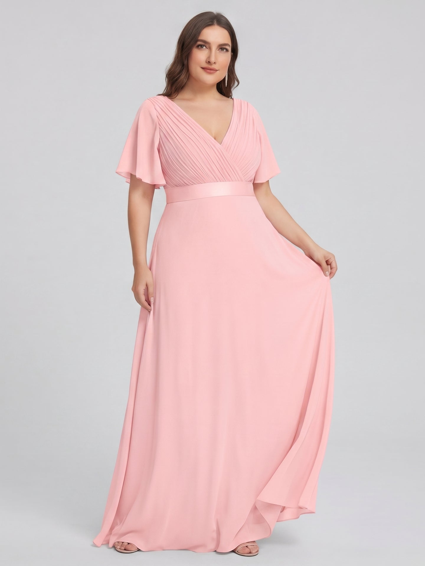 Coquette Petal Chiffon A-Line V-Neck V-Back Ankle-Length Plus Size Bridesmaid Dress - Curvevia