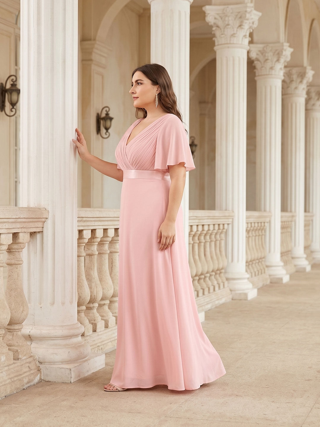 Coquette Petal Chiffon A-Line V-Neck V-Back Ankle-Length Plus Size Bridesmaid Dress - Curvevia