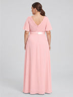 Coquette Petal Chiffon A-Line V-Neck V-Back Ankle-Length Plus Size Bridesmaid Dress - Curvevia