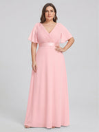 Coquette Petal Chiffon A-Line V-Neck V-Back Ankle-Length Plus Size Bridesmaid Dress - Curvevia