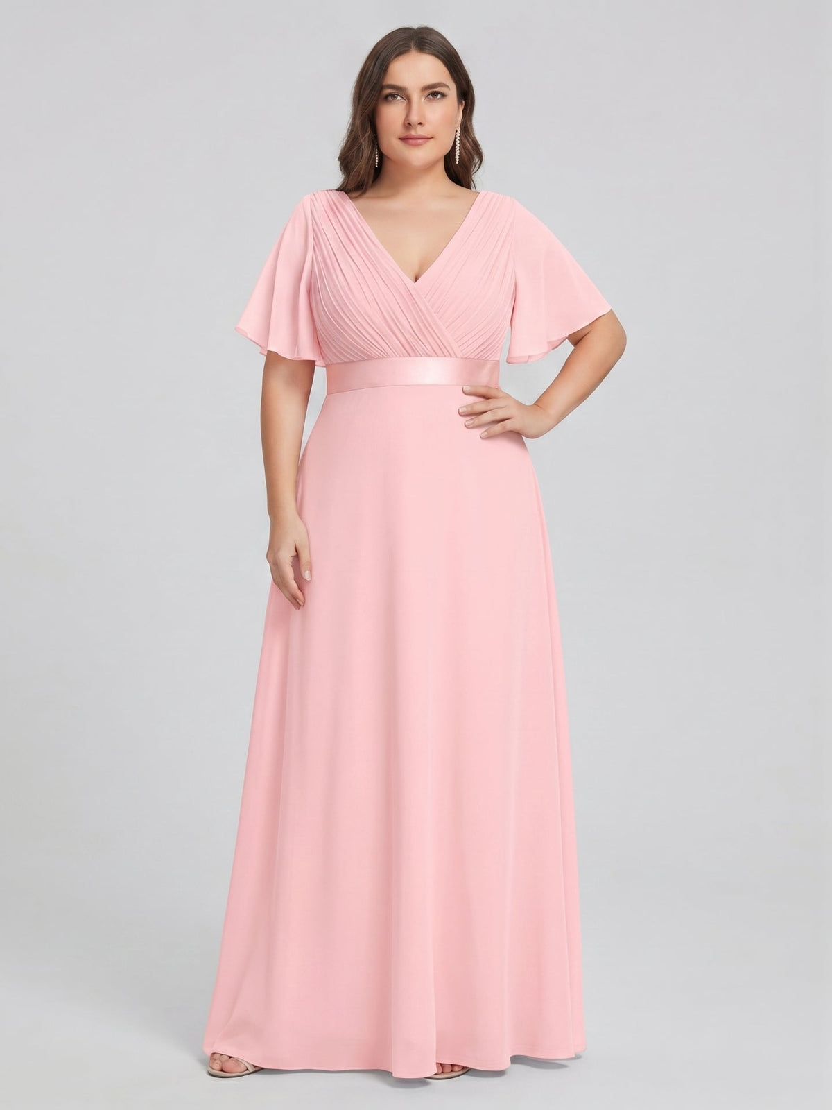 Coquette Petal Chiffon A-Line V-Neck V-Back Ankle-Length Plus Size Bridesmaid Dress - Curvevia