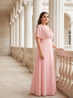 Coquette Petal Chiffon A-Line V-Neck V-Back Ankle-Length Plus Size Bridesmaid Dress - Curvevia