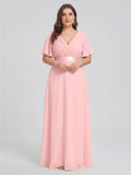 Coquette Petal Chiffon A-Line V-Neck V-Back Ankle-Length Plus Size Bridesmaid Dress - Curvevia