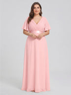 Coquette Petal Chiffon A-Line V-Neck V-Back Ankle-Length Plus Size Bridesmaid Dress - Curvevia