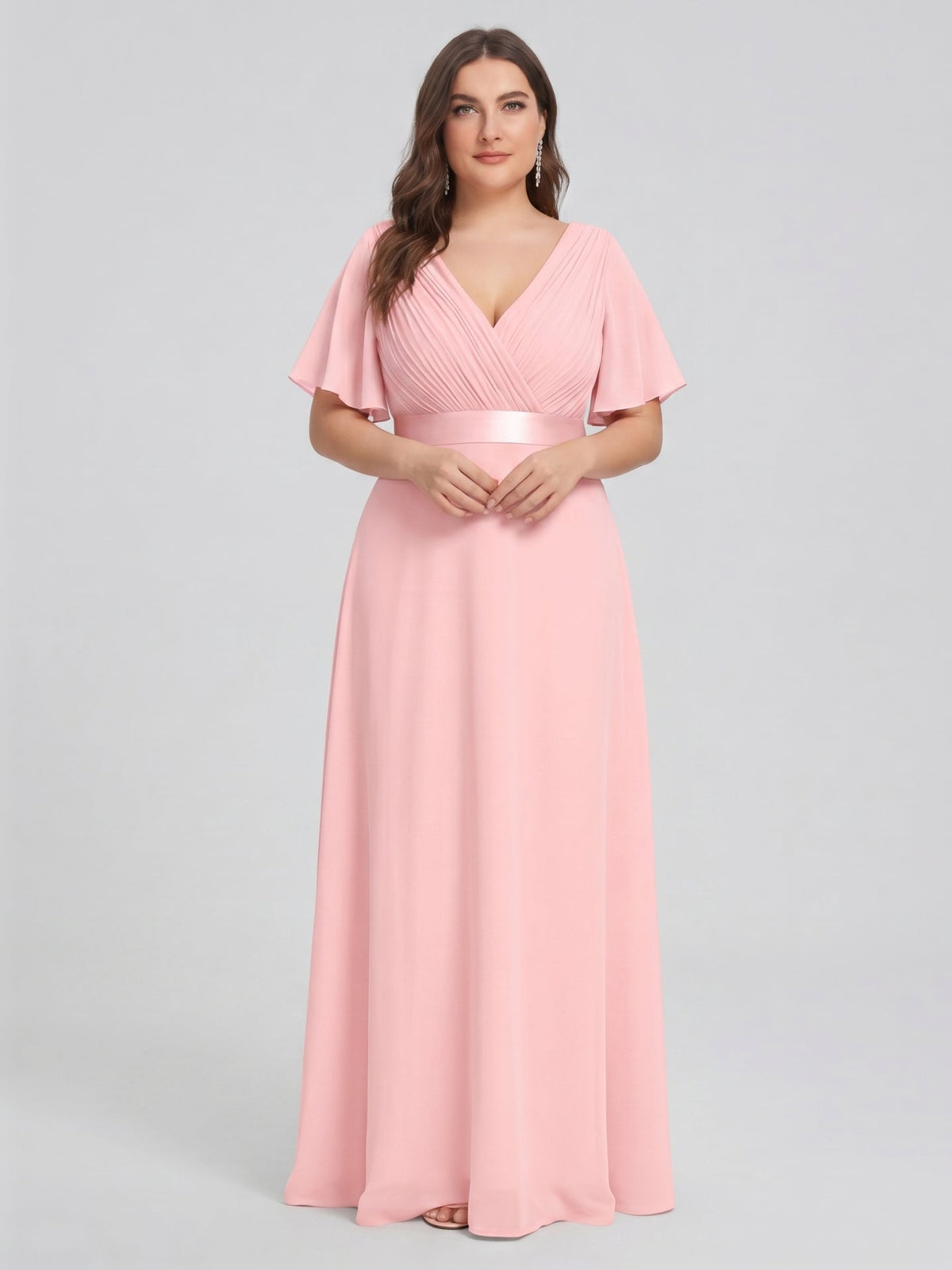 Coquette Petal Chiffon A-Line V-Neck V-Back Ankle-Length Plus Size Bridesmaid Dress - Curvevia