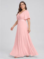 Coquette Petal Chiffon A-Line V-Neck V-Back Ankle-Length Plus Size Bridesmaid Dress - Curvevia