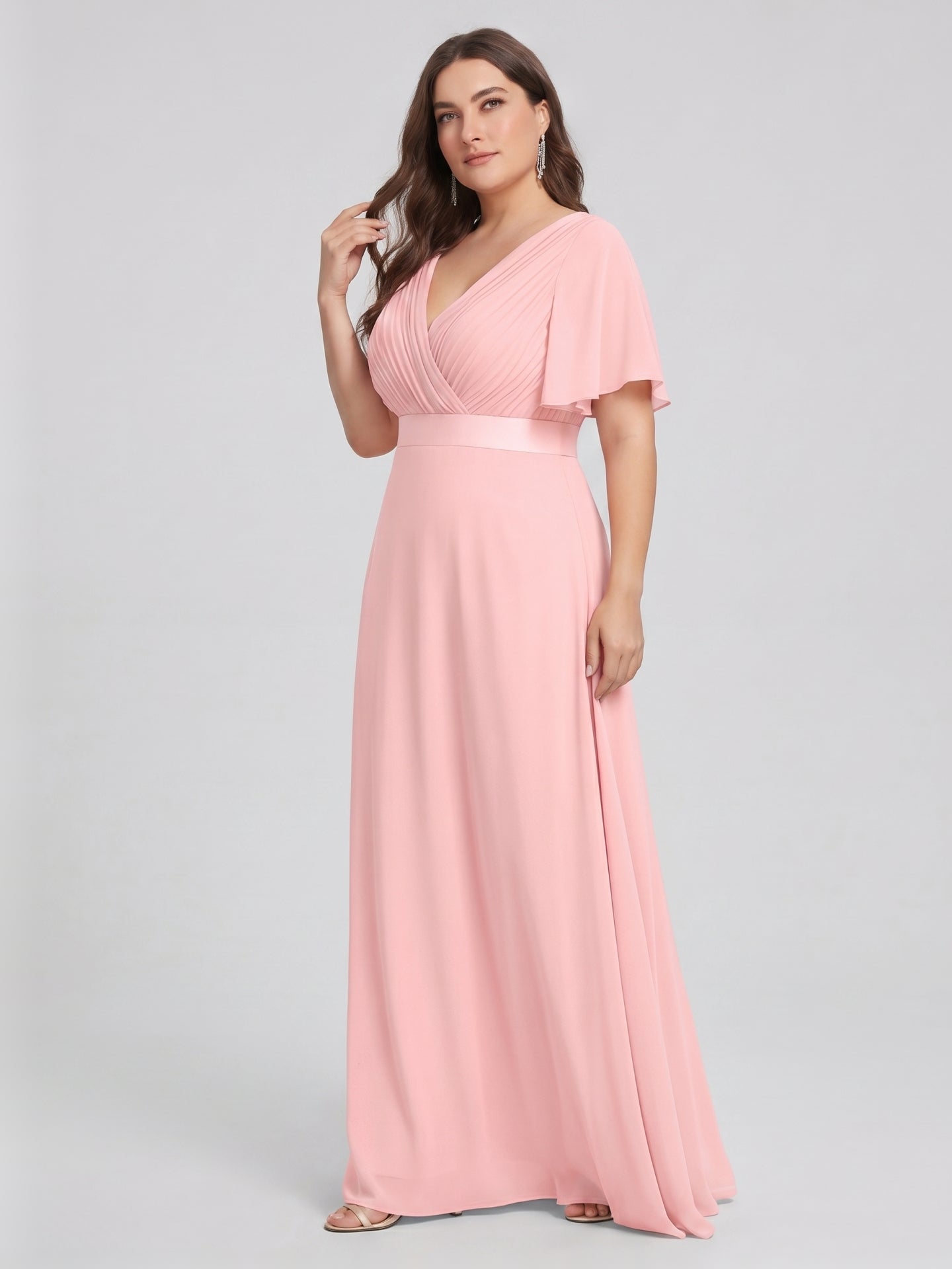 Coquette Petal Chiffon A-Line V-Neck V-Back Ankle-Length Plus Size Bridesmaid Dress - Curvevia