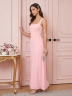 Coquette Petal Chiffon Sheath Square Neck Backless Ankle-Length Bridesmaid Dress - Curvevia