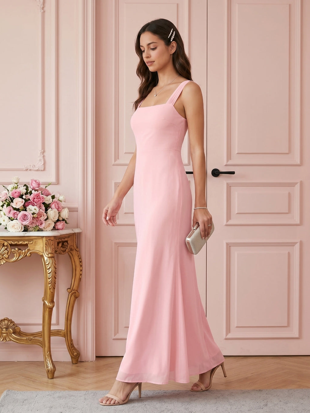 Coquette Petal Chiffon Sheath Square Neck Backless Ankle-Length Bridesmaid Dress - Curvevia