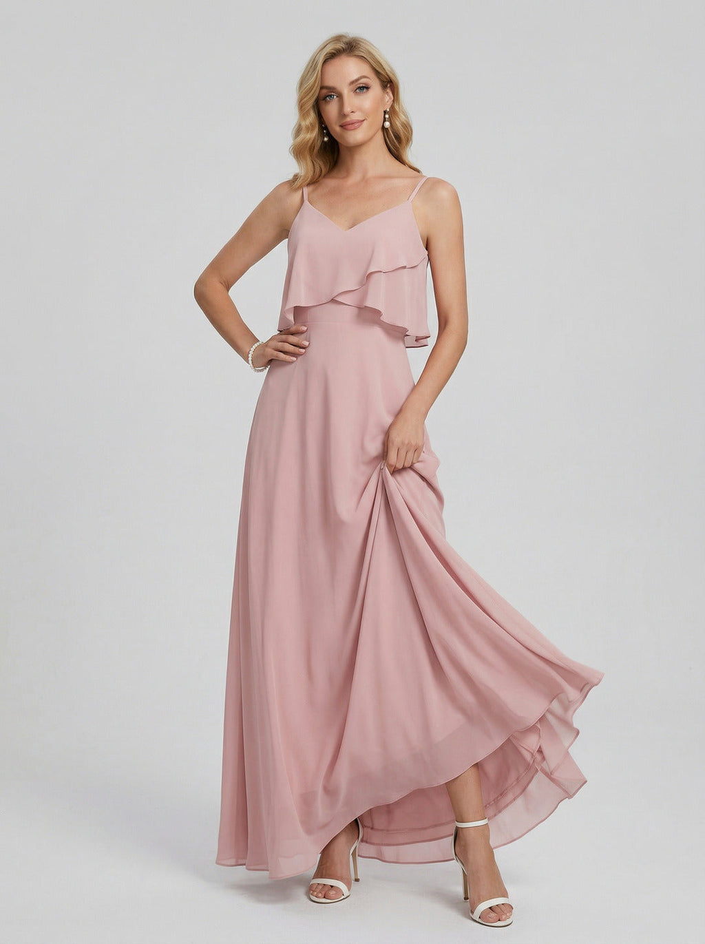 Coquette Dusty Rose Chiffon A-Line V-Neck Back Zip with Ruffle Ankle-Length Bridesmaid Dress - Curvevia