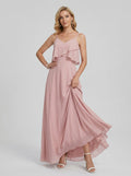 Coquette Dusty Rose Chiffon A-Line V-Neck Back Zip with Ruffle Ankle-Length Bridesmaid Dress - Curvevia