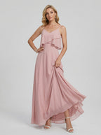 Coquette Dusty Rose Chiffon A-Line V-Neck Back Zip with Ruffle Ankle-Length Bridesmaid Dress - Curvevia