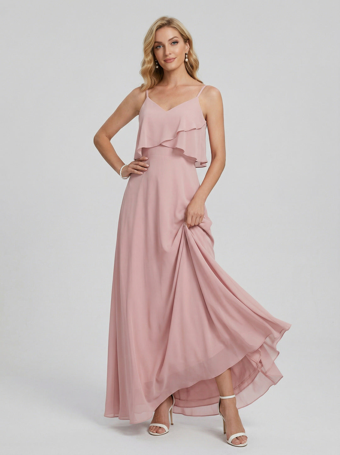 Coquette Dusty Rose Chiffon A-Line V-Neck Back Zip with Ruffle Ankle-Length Bridesmaid Dress - Curvevia