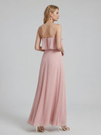 Coquette Dusty Rose Chiffon A-Line V-Neck Back Zip with Ruffle Ankle-Length Bridesmaid Dress - Curvevia