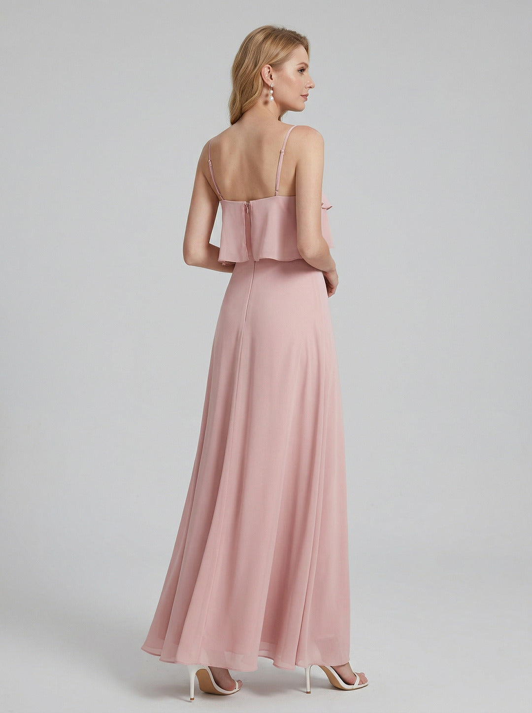 Coquette Dusty Rose Chiffon A-Line V-Neck Back Zip with Ruffle Ankle-Length Bridesmaid Dress - Curvevia