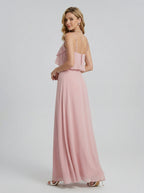 Coquette Dusty Rose Chiffon A-Line V-Neck Back Zip with Ruffle Ankle-Length Bridesmaid Dress - Curvevia