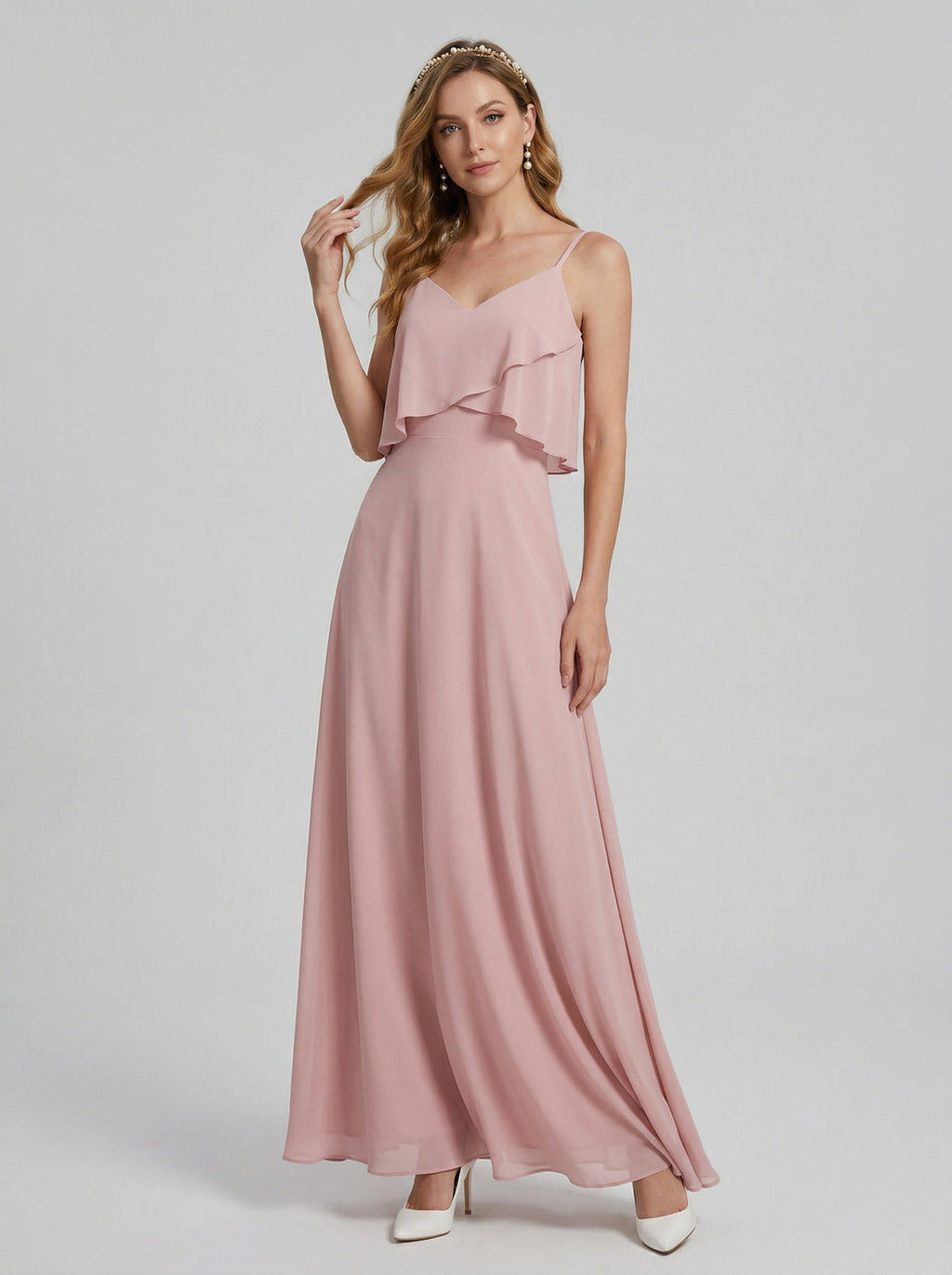 Coquette Dusty Rose Chiffon A-Line V-Neck Back Zip with Ruffle Ankle-Length Bridesmaid Dress - Curvevia