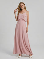 Coquette Dusty Rose Chiffon A-Line V-Neck Back Zip with Ruffle Ankle-Length Bridesmaid Dress - Curvevia