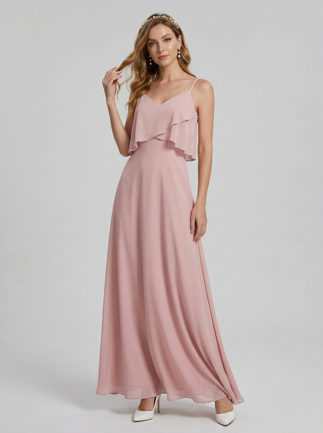 Coquette Dusty Rose Chiffon A-Line V-Neck Back Zip with Ruffle Ankle-Length Bridesmaid Dress - Curvevia