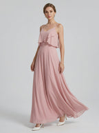 Coquette Dusty Rose Chiffon A-Line V-Neck Back Zip with Ruffle Ankle-Length Bridesmaid Dress - Curvevia