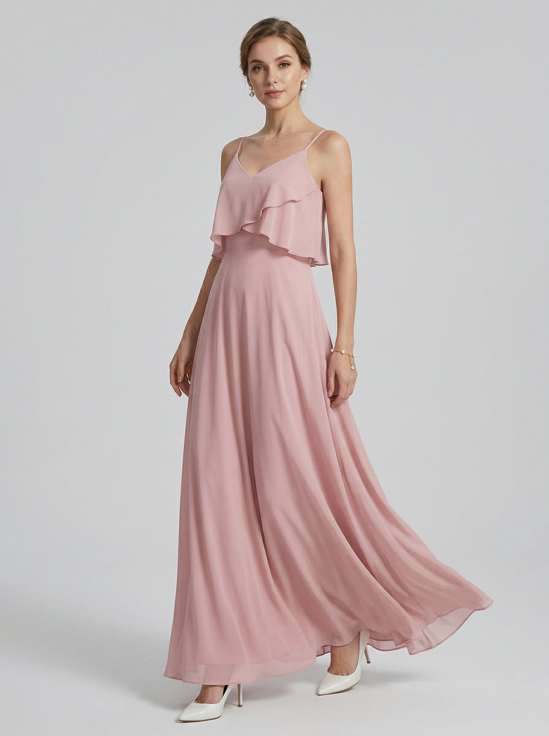 Coquette Dusty Rose Chiffon A-Line V-Neck Back Zip with Ruffle Ankle-Length Bridesmaid Dress - Curvevia