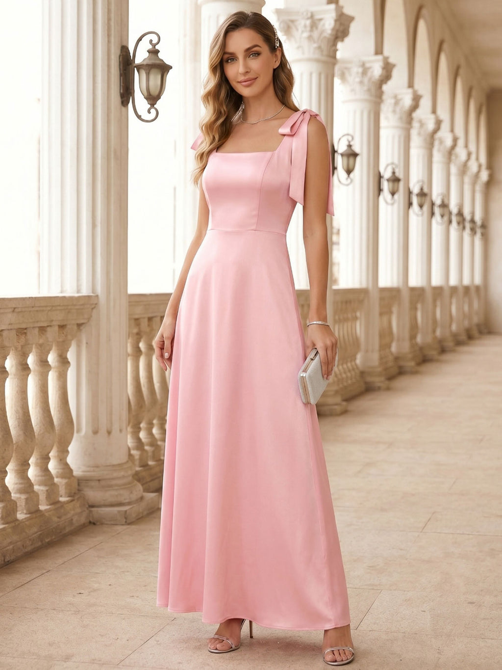 Coquette Petal Satin A-Line Square Neck Back Zip Ankle-Length Bridesmaid Dress - Curvevia
